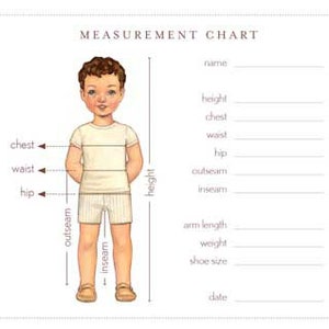 The measurement chart to assist the buyer in measuring a child correctly for a good fit for this outfit.