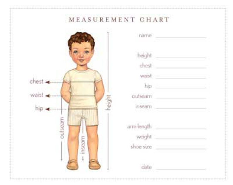 The measurement chart to assist the buyer in measuring a child correctly for a good fit for this outfit.