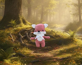 May include: A plush fox toy with pink fur, a white chest patch, and a white ribbon tied around its neck. The fox has black embroidered eyes and a black nose, with white inner ears and a soft, rounded body shape, standing upright in a forest setting.