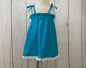 Turquoise Toddler Sundress with Pom Pom Trim | Handmade Summer Infant Dress (6 Months)