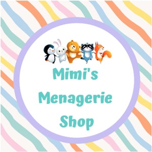 The shop logo: 5 animals dancing in a straight line with the words Mimis Menagerie Shop underneath the animals and in the center of the circle.  Pastel color wavy stripes go from the circle outside edge to the edge of the picture.