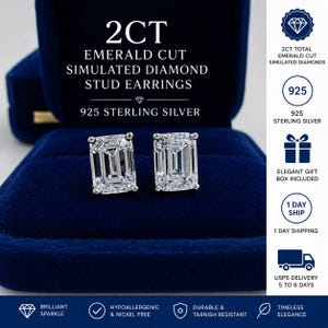 2CT Emerald Cut Simulated Diamond Stud Earrings | Sterling Silver