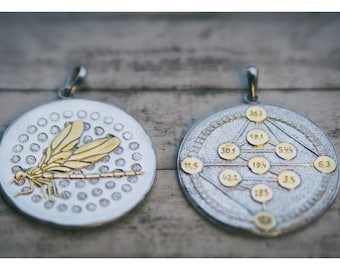 Two-Sided Silver Pendant with Personalized Hologenetic Gene Keys Profile and Dragonfly Symbol, Customized Reversible Gene Keys Amulet