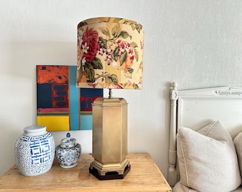 Tall Hexagonal Vintage Brass Lamp with Floral Fabric Lampshade