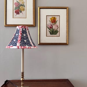 May include: A table lamp with a patterned lampshade in red, white, and navy blue. The lamp has a brass base and a cream-colored stem. Two framed botanical prints hang on the gray wall behind the lamp.