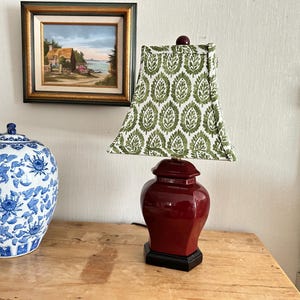 Small Vintage Burgundy Colored Ceramic Lamp with Fabric Shade