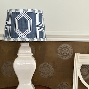 Small White Vintage Lamp with Blue Geometric Fabric Shade