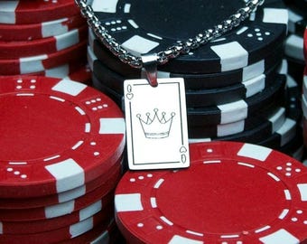 Queen necklace, playing card, queen pendant, queen of hearts, stainless steel chain