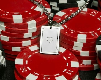 Ace of Hearts Necklace, Playing Card, Heart Pendant, Poker Playing Card, Stainless Steel Chain