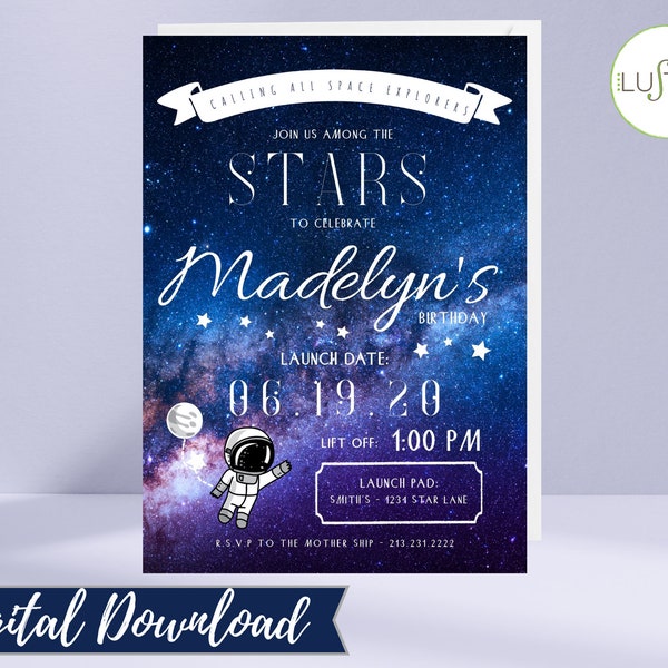 Space Theme Birthday or Zoom Invitation  |  DIGITAL DOWNLOAD  |  5"x7"  |  Galaxy