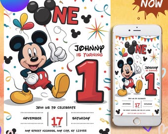 編集可能なミッキーマウスの誕生日招待状、印刷可能な招待状ミッキー、ミッキーの1歳の誕生日招待状、男の子の1歳の誕生日招待状、ミッキーマウス