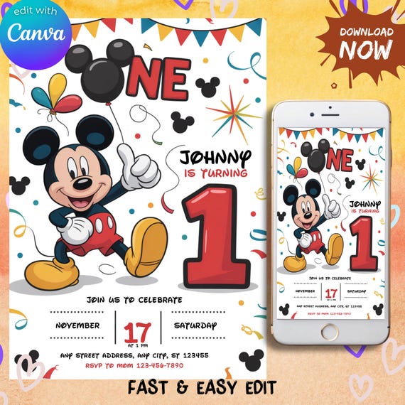 Editable Mickey Mouse Birthday Invitation, Printable Invitation Mickey, 1st birthday Micky Invite, Birthday Boy Invitation 1st, Mickey Mouse