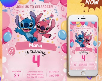 Stitch and Angel Birthday Invitation, Editable Stitch Birthday Invitation, Digital Party Invite, Stitch Birthday Party Invitation Printable