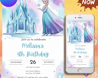 Frozen Invitation, Elsa Birthday Invitation, Winter Snow Birthday Printable, Frozen Invite Digital, Editable Instant Download Canva Template
