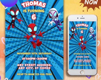 Invitación de cumpleaños de Spidey, plantilla editable e imprimible, invitación para fiesta de Spidey y sus increíbles amigos, personalizable en Canva, descarga instantánea