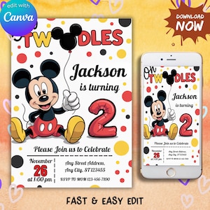 Puede incluir: Una invitación de cumpleaños con Mickey Mouse sosteniendo un globo negro. La invitación dice "Twoodles" y "Jackson cumple 2 años". Incluye fecha, hora e información de RSVP. Un smartphone muestra la misma invitación.