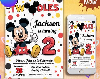 Oh Twodles Einladung, Mickey Geburtstagseinladung, Mickey Mouse Einladungen, Maus bearbeitbare Einladung, Mickey Twodles einladen