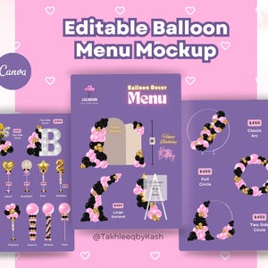 Könnte beinhalten: Ein editierbares Ballon-Menü-Mockup mit verschiedenen Ballon-Dekorationsoptionen. Das Design zeigt schwarze, goldene und rosa Ballons, die in verschiedenen Stilen angeordnet sind, darunter Bögen, Kreise und Girlanden. Der Text "Editable Balloon Menu Mockup" ist oben zu sehen.