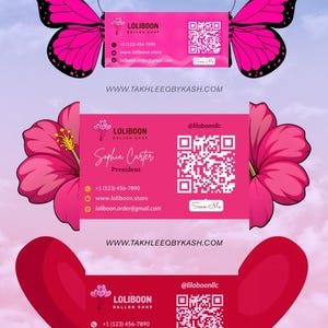 Szablony kartek 3D z kodem QR | Różowa, wycinana samodzielnie, składana wizytówka (do pobrania z Canva)