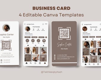May include: Four business card templates with a hair stylist theme. The cards feature a headshot, contact information, and a QR code. The templates are in shades of white and brown.