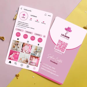 May include: A pink business card and a phone screen displaying a social media profile. The card features the text "Loli Boon Balloon Shop" and a QR code. The phone screen shows a profile with balloon decorations and bouquet services.