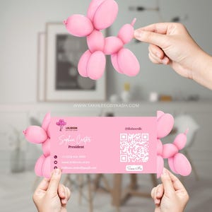 May include: A pink business card with the text "Loliboon Balloon Shop" and contact information, held with a pink balloon dog. The card features a QR code and the text "Scan Me". The website address is www.takhleeqbykash.com.