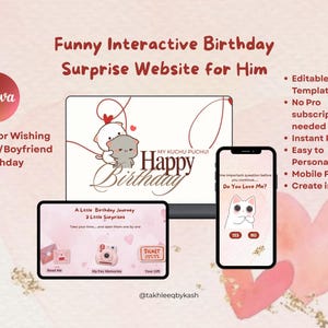 Könnte beinhalten: Eine digitale Geburtstag-Überraschungs-Website-Vorlage mit Cartoon-Katzen, Herzen und interaktiven Elementen auf einem Laptop- und Smartphone-Bildschirm. Der Text enthält "Funny Interactive Birthday Surprise Website for Him" und "Do You Love Me?" mit Ja- und Nein-Schaltflächen.