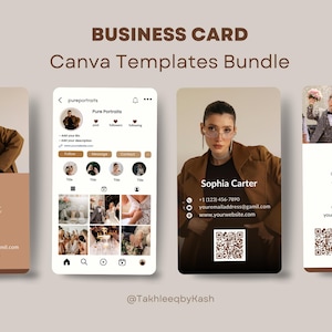 May include: A Canva Templates Bundle for business cards. The design features a woman in a brown coat on several business card mockups. The cards include contact information, a QR code, and social media handles.