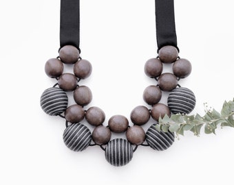 Wooden Statement Necklace with striped beads, Chunky Wood Necklace with ribbon ties, Beaded Bib Necklace, Large Bead Necklace