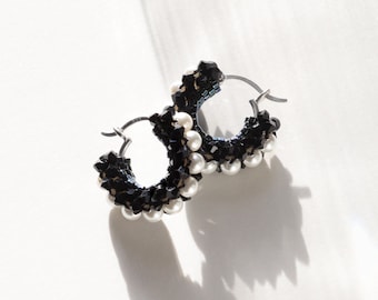 Small Chunky Pearl Hoop Earrings in Black & White made with Swarovski Pearls and Crystals on Sterling Silver Creoles, Everyday Parisian Chic