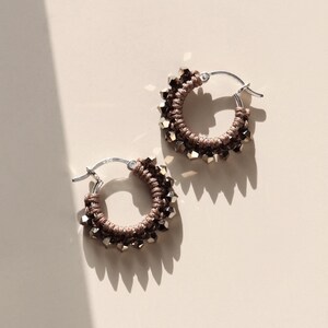 Small Crystal & Macramé Hoop Earrings in bronze - handwoven with macrame knots and sparkly crystals on Sterling Silver Creoles