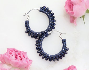 Macramé Crystals Hoops in Dark Blue on Medium Sterling Silver Creoles, Embellished with macrame knots and faceted sparkly Austrian crystals
