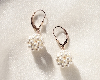 Creamy White Beaded Ball Earrings made with Swarovski Pearls on 14K Gold, Cluster Drop Earrings, 30th Pearl Wedding Anniversary Gift