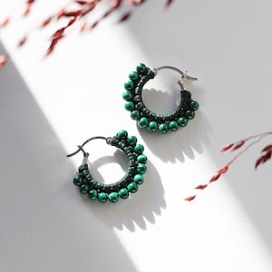 Malachite & Macrame Hoop Earrings, Handmade Green Beaded Hoops with Sterling Silver Closure, Small Creoles, January Birthstone Gift