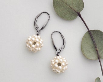 Pearl Cluster Ball Earrings made with Swarovski Pearls and oxidised Silver, Pearl Drop Earrings, Beaded Ball Earrings, Modern Pearl Jewelry