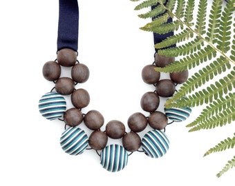 Wooden Stripy Bead Necklace made with exotic wood and ribbon ties, Blue & White Striped Necklace, Wood Statement Necklace, Big Bold Necklace