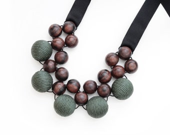 Chunky Exotic Wood Necklace made with Tiger Ebony, Cotton Beads and Ribbon Ties, Wooden Bead Statement Necklace for 5th Anniversary Gift
