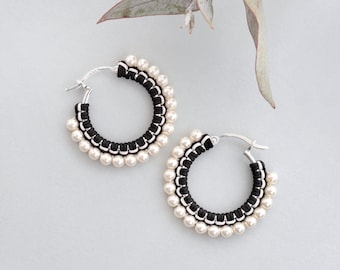 Black & White Hoop Earrings with Macrame detail and Swarovski Pearls on Medium Sterling Silver Creoles, For Everyday Elegant Monochrome Look