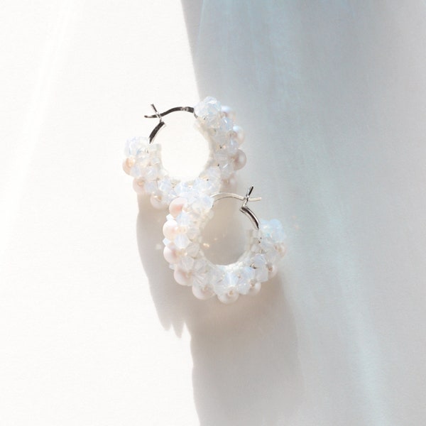 Small Chunky Pearl Hoop Earrings in White made with Swarovski Pearls & Crystals on Sterling Silver Creoles, Elegant Style for any occasion