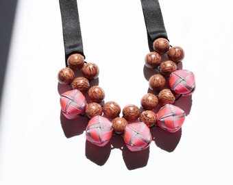 Chunky Wood Statement Necklace made with sustainable Palmwood & Woven Ribbon Beads in Pink/Gray, Bold Large Wooden Bead Necklace