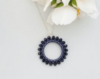 Open Circle Necklace in Blue - Macramé & Swarovski Crystals on Sterling Silver, Circle Pendant Necklace, Loop Pendant, Woven Bead Necklace