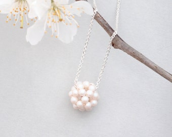 Pearl Cluster Pendant on Sterling Silver Chain in Iridescent White, Beaded Ball Necklace, Floating Bead Necklace, 30th Anniversary