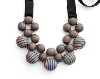 Wood Necklace - Natural Wood and Striped Cotton Beads, Wooden Bead Necklace, Statement Necklace, Sustainable Wood Jewelry, Big Bold Necklace