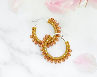 Crystal & Macramé Hoops in Burnt Yellow on Medium Sterling Silver Creoles, Earrings handwoven with macrame knots and crystal embellishment