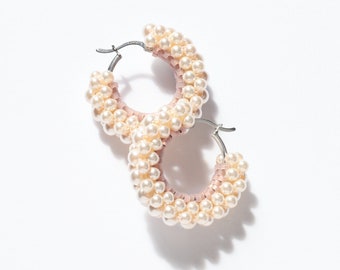 Pearl Hoop Earrings in Pale Cream Rose made with Swarovski Pearls on Sterling Silver Creoles, Modern Classic Earrings for Special Occasions