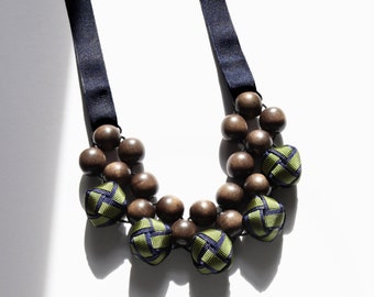 Chunky Wood Statement Necklace made with Exotic Grraywood & Woven Ribbon Beads in Green/Blue, Large Lightweight Wooden Bead Necklace