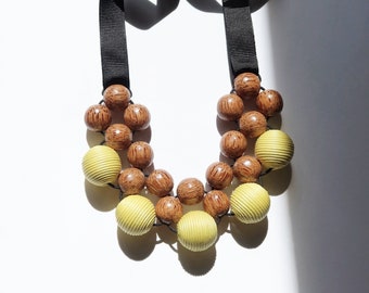 Yellow Statement Necklace made with natural wooden beads, Chunky Wood Necklace, Palm Wood Necklace, Boho Summer Necklace, Wood Necklace