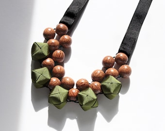 Wooden Bead Statement Necklace with Olive Green Ribbon Beads made from sustainable Palm wood, Chunky Wood Necklace, 5th anniversary gift