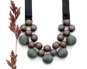 Chunky Wood Necklace with natural Gray Wood Beads and Fir Green Beads, Ribbon Ties, Wood Statement Necklace, 5th Anniversary Gift for Her