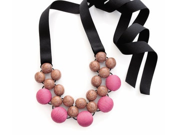 Chunky Pink & Wood Bead Necklace with ribbon ties, Wooden Statement Necklace, Beaded Bib Necklace, Large Bead Necklace, Modern Wood Jewelry